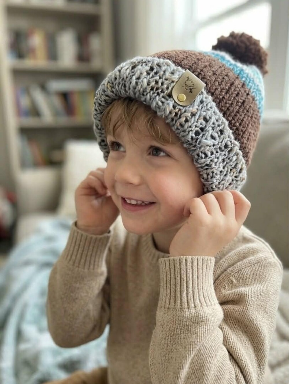 Cozy Knit Pom Beanie for Kids - Brown & Gray with Blue Accent Hanmade NWT